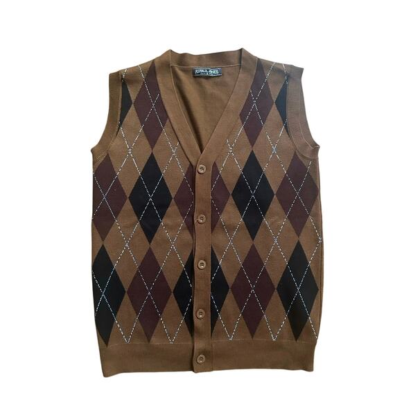 PJ Jones SmallArgyle Brown Black Botton Down V Neck Grandpa Preppy Sweater Vest - Picture 1 of 7